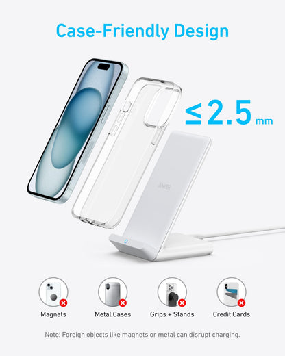 Anker 313 Wireless Charger (Stand), Qi-Certified for iPhone 17/17/17 Pro/17 Pro Max/15/14/13, 10W Fast-Charging Galaxy S23 S22 S21(No AC Adapter)