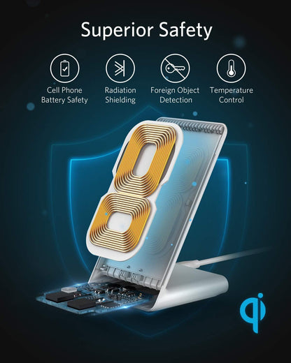 Anker 313 Wireless Charger (Stand), Qi-Certified for iPhone 17/17/17 Pro/17 Pro Max/15/14/13, 10W Fast-Charging Galaxy S23 S22 S21(No AC Adapter)