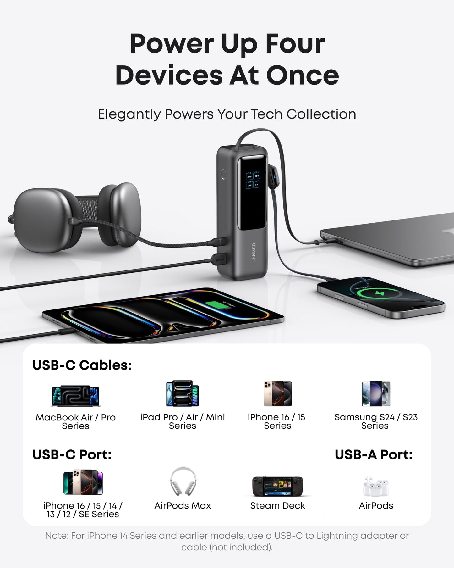 Anker Laptop Power Bank, 25,000mAh Portable Charger with Triple 100W USB-C Ports, Built-in Retractable Cables, Flight-Approved for Travel, iPhone 17/16 Series, MacBook, Samsung, and More