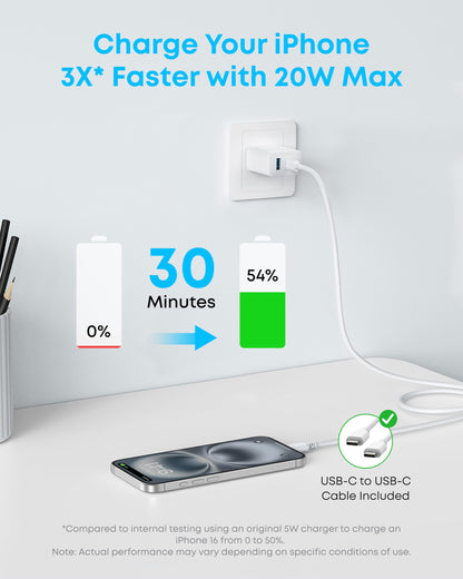 Anker iPhone 17/16 Charger, 2-Pack 20W Fast USB C Charger Block, for iPhone 16/16 Pro Max/15 Series/iPad Pro and More (Black, 2 Pack & 2 Cable)