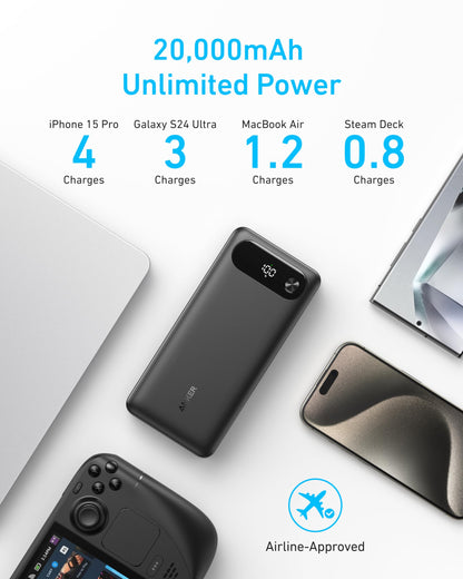 Anker Power Bank, 20,000mAh Travel Essential Portable Charger with Built-in USB-C Cable, 3-Port 87W Max Fast Charging Battery Pack, for MacBook, iPhone 16/15 Series, Samsung, Switch, and More