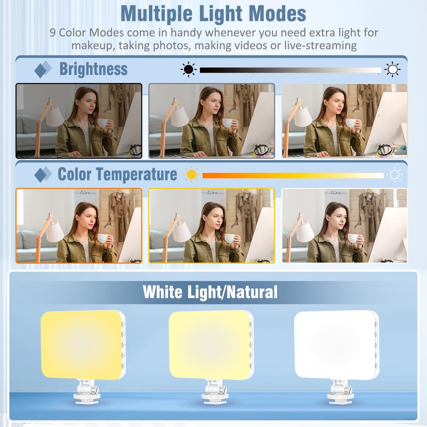 3 Light Modes for Phone iPhone Webcam Laptop Photo Makeup