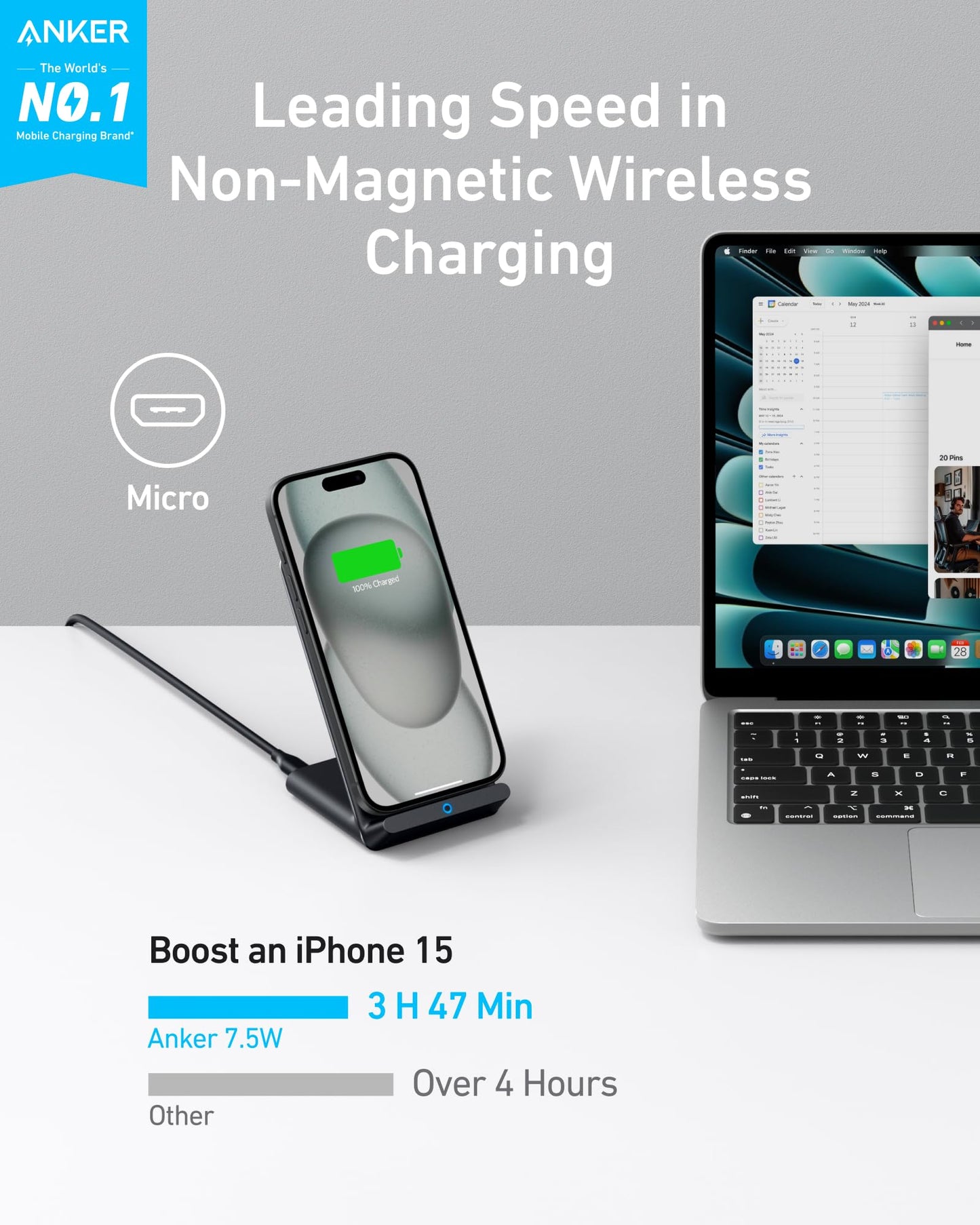Anker 313 Wireless Charger (Stand), Qi-Certified for iPhone 17/17/17 Pro/17 Pro Max/15/14/13, 10W Fast-Charging Galaxy S23 S22 S21(No AC Adapter)