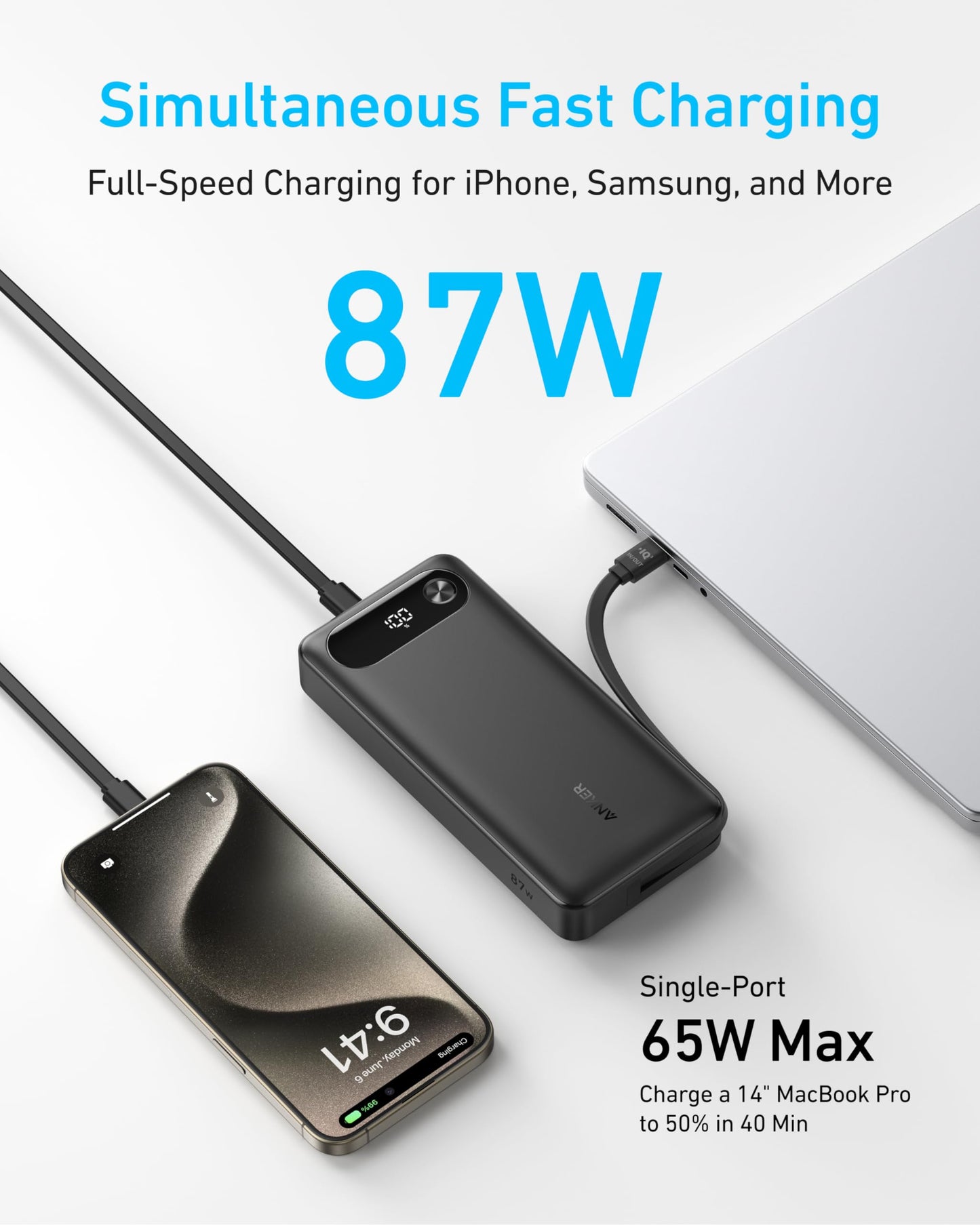 Anker Power Bank, 20,000mAh Travel Essential Portable Charger with Built-in USB-C Cable, 3-Port 87W Max Fast Charging Battery Pack, for MacBook, iPhone 16/15 Series, Samsung, Switch, and More
