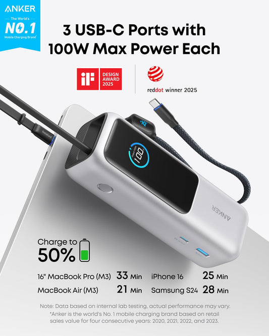 Anker 25,000mAh Laptop Power Bank | Triple 100W USB-C, Retractable Cables