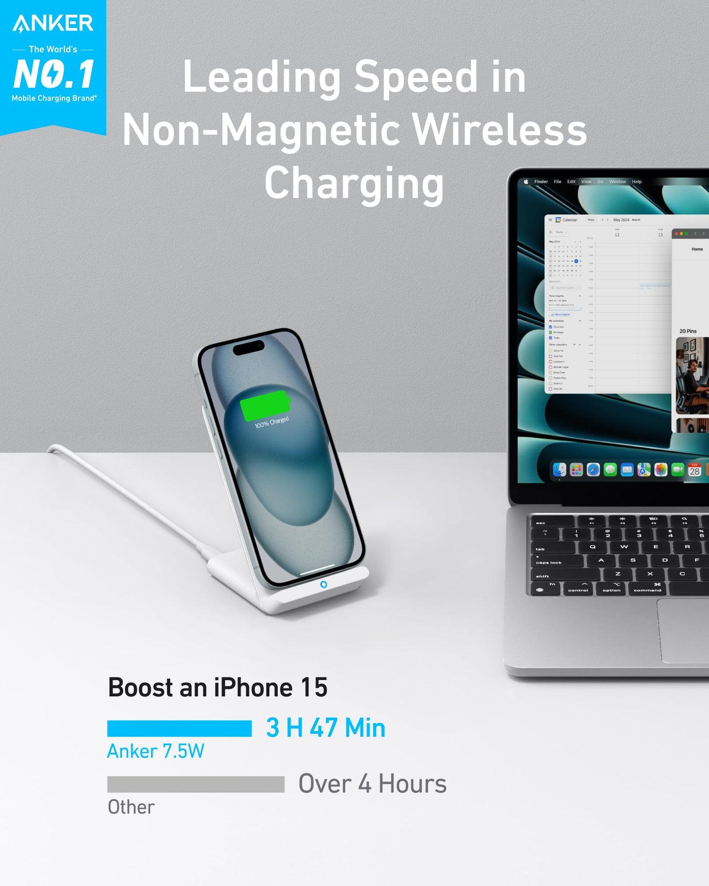 Anker 313 Wireless Charger (Stand), Qi-Certified for iPhone 17/17/17 Pro/17 Pro Max/15/14/13, 10W Fast-Charging Galaxy S23 S22 S21(No AC Adapter)