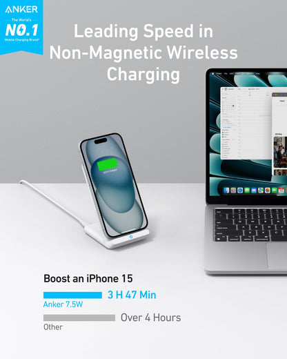 Anker 313 Wireless Charger (Stand), Qi-Certified for iPhone 17/17/17 Pro/17 Pro Max/15/14/13, 10W Fast-Charging Galaxy S23 S22 S21(No AC Adapter)