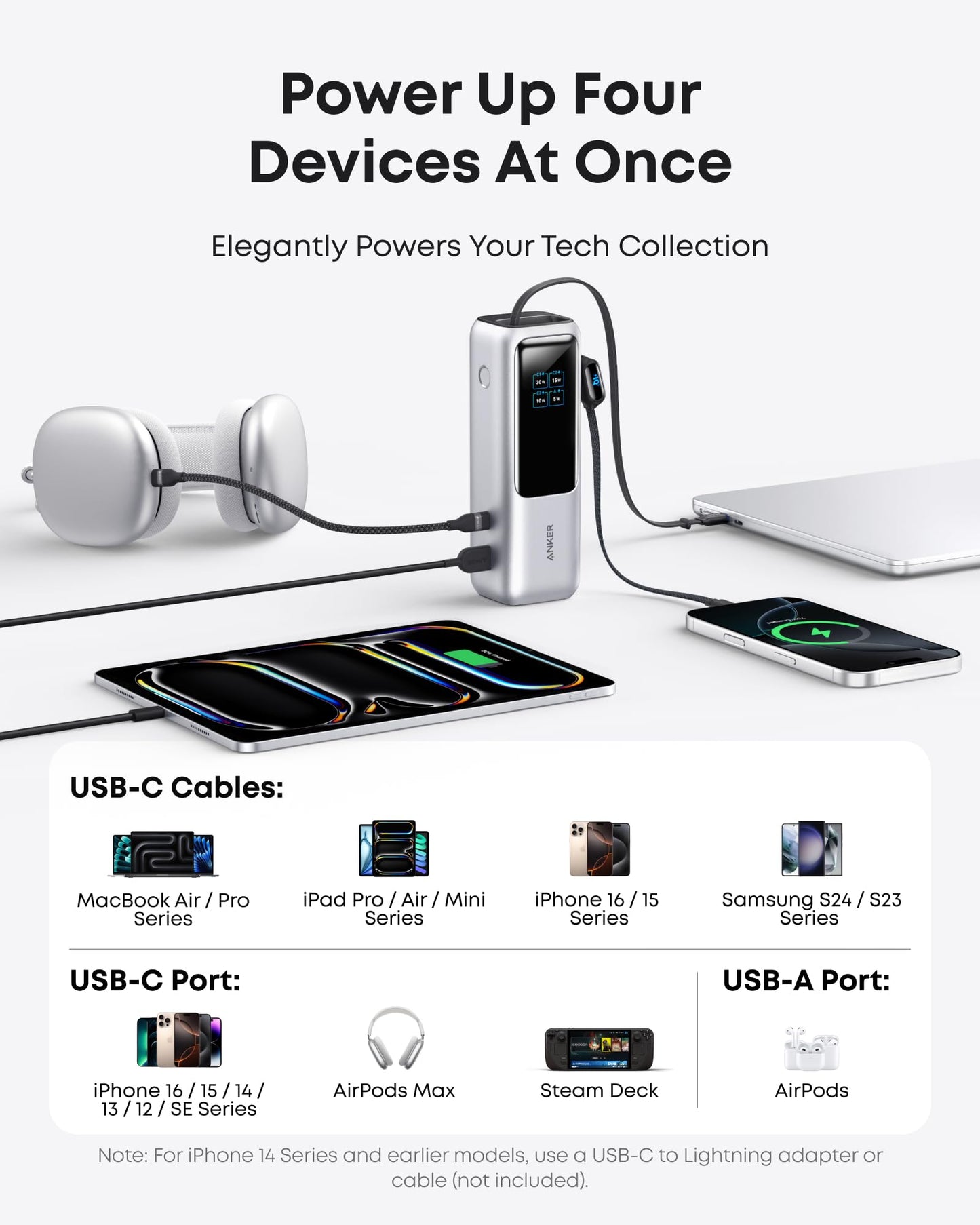 Anker Laptop Power Bank, 25,000mAh Portable Charger with Triple 100W USB-C Ports, Built-in Retractable Cables, Flight-Approved for Travel, iPhone 17/16 Series, MacBook, Samsung, and More