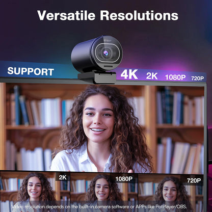 4K webcam on a monitor displaying various video resolutions from 720p to 4K.