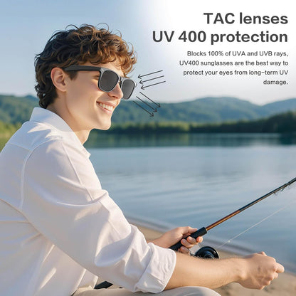 Man wearing UV 400 protection TAC polarized sunglasses while fishing by a lake.